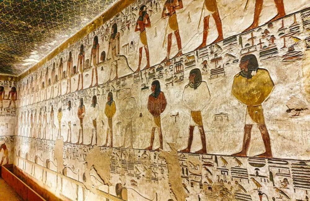 The Tomb of Seti I (KV17) detailed wall relief paintings and hieroglyphics