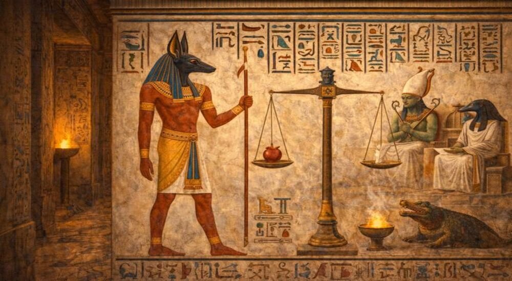 vally-of-kings-Tomb-Wall-Painting-Weighing-of-the-Heart-Ceremony-with-Anubis-and-Scales-egypt-tia-tour